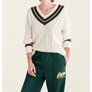 Roots Cable-Knit V-Neck Cricket Sweater with Green and Tan TrimSize Large